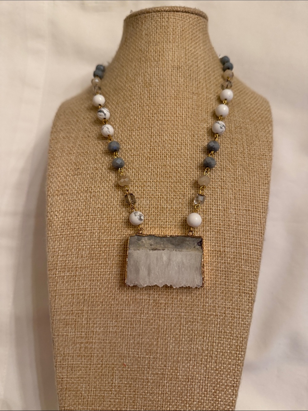 Gold-Edged White Druzy Pendant Necklace with Gray Beads